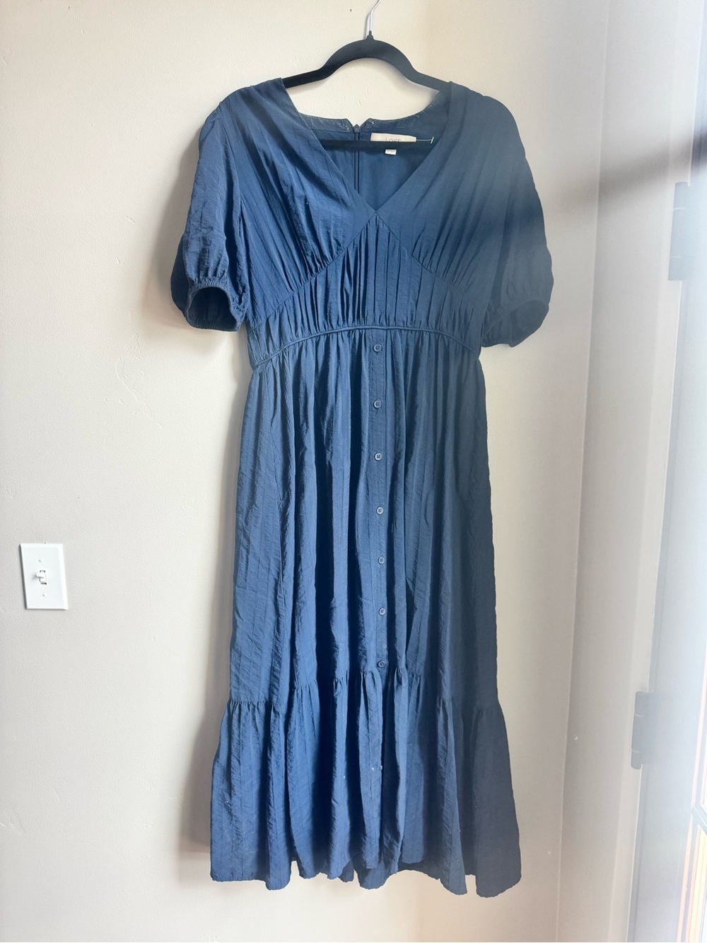 LOFT Midi Dress Puff Sleeve Empire Waist Coastal Granddaughter Euro Summer 4
